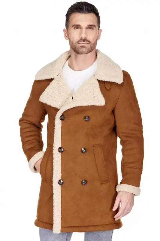 Men's Faux Shearling Double Breasted Overcoat - 3
