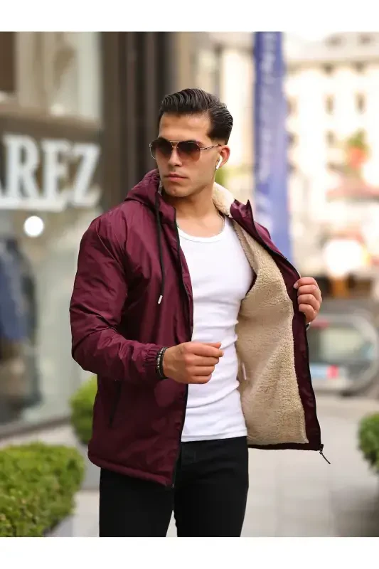 Men's Fleece Lined Water Resistant Hooded Pocketed Raincoat-BORDEAUX - 1