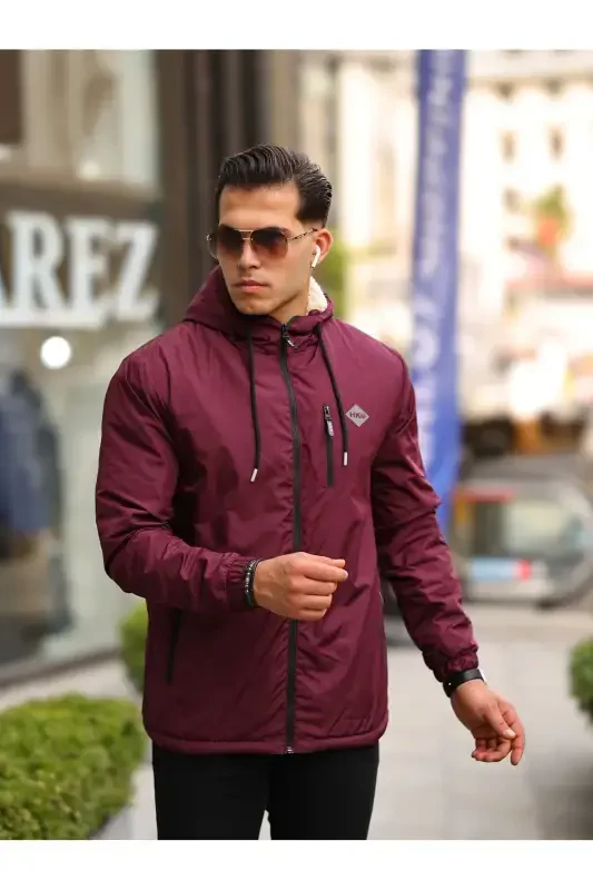 Men's Fleece Lined Water Resistant Hooded Pocketed Raincoat-BORDEAUX - 2