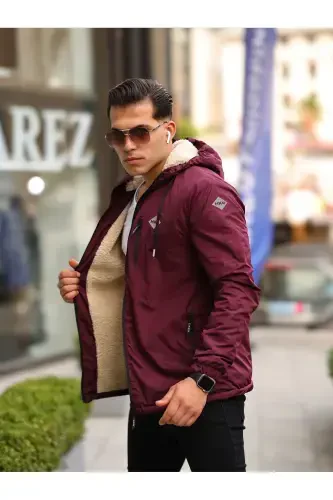 Men's Fleece Lined Water Resistant Hooded Pocketed Raincoat-BORDEAUX - 3