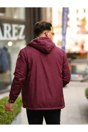 Men's Fleece Lined Water Resistant Hooded Pocketed Raincoat-BORDEAUX - 4