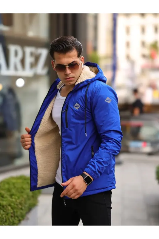 Men's Fleece Lined Water Resistant Hooded Pocketed Raincoat-SAX BLUE - 1