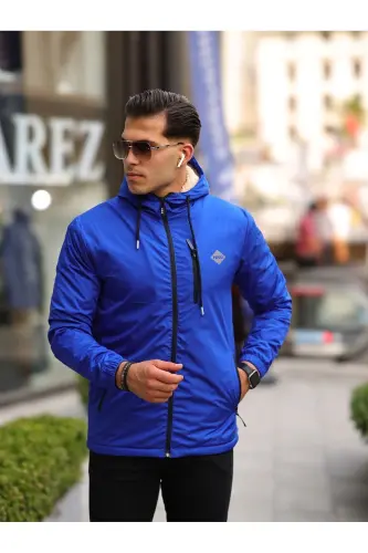 Men's Fleece Lined Water Resistant Hooded Pocketed Raincoat-SAX BLUE - 2