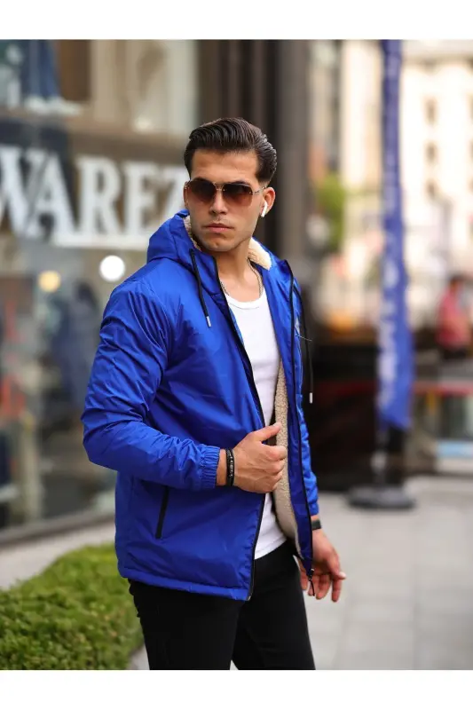 Men's Fleece Lined Water Resistant Hooded Pocketed Raincoat-SAX BLUE - 3