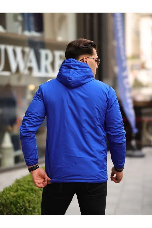 Men's Fleece Lined Water Resistant Hooded Pocketed Raincoat-SAX BLUE - 4