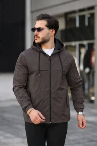Men's Fleece Lined Water-Resistant Hooded Pockets Raincoat - Brown - 1