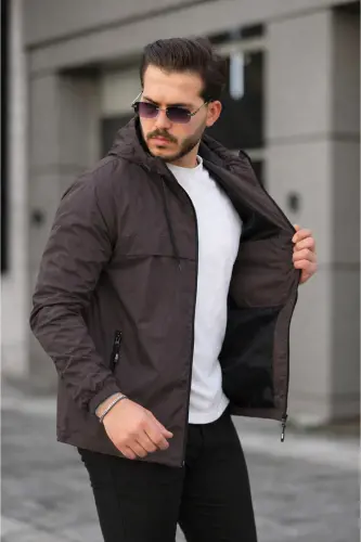 Men's Fleece Lined Water-Resistant Hooded Pockets Raincoat - Brown - COMSTAR (1)