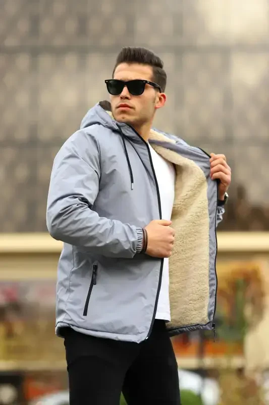 Men's Fleece Lined Water Resistant Hooded Raincoat with Pockets-GRAY - 1