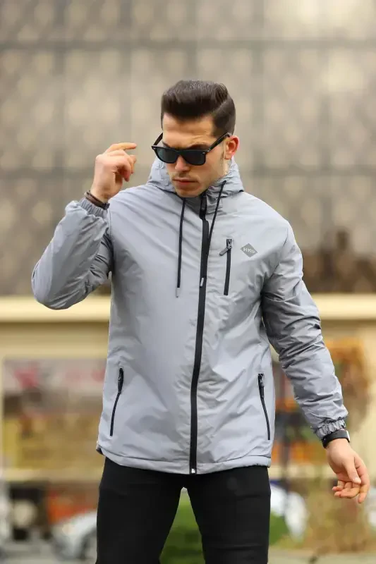 Men's Fleece Lined Water Resistant Hooded Raincoat with Pockets-GRAY - 2