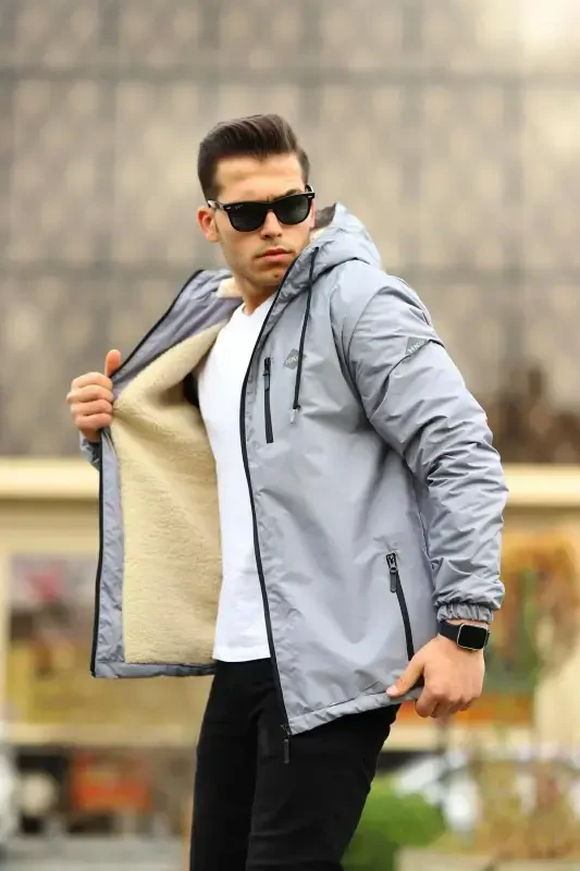 Men's Fleece Lined Water Resistant Hooded Raincoat with Pockets-GRAY - 3