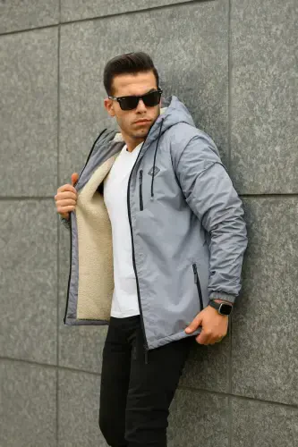 Men's Fleece Lined Water Resistant Hooded Raincoat with Pockets-GRAY - 4