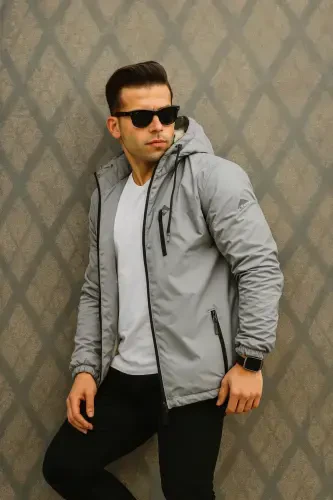 Men's Fleece Lined Water Resistant Hooded Raincoat with Pockets-GRAY - 5