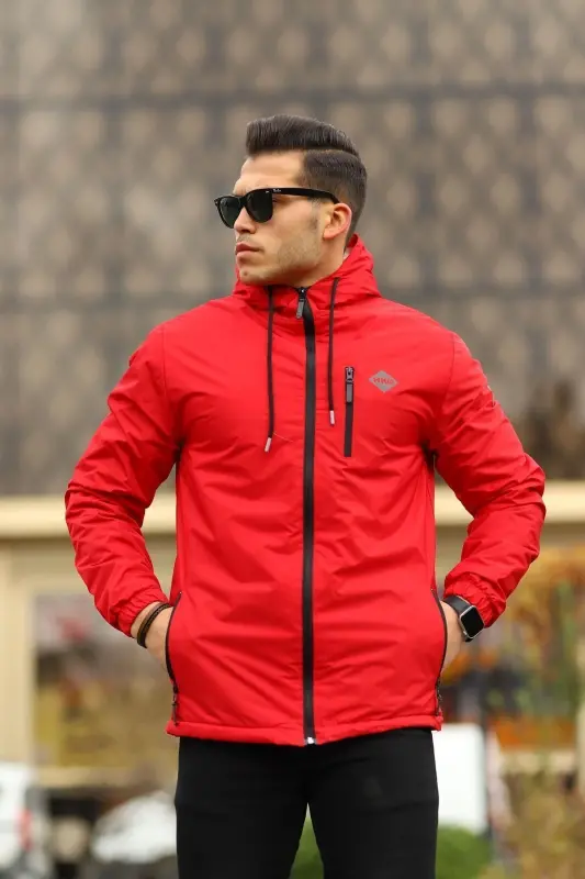 Men's Fleece Lined Water Resistant Hooded Raincoat with Pockets-RED - 2