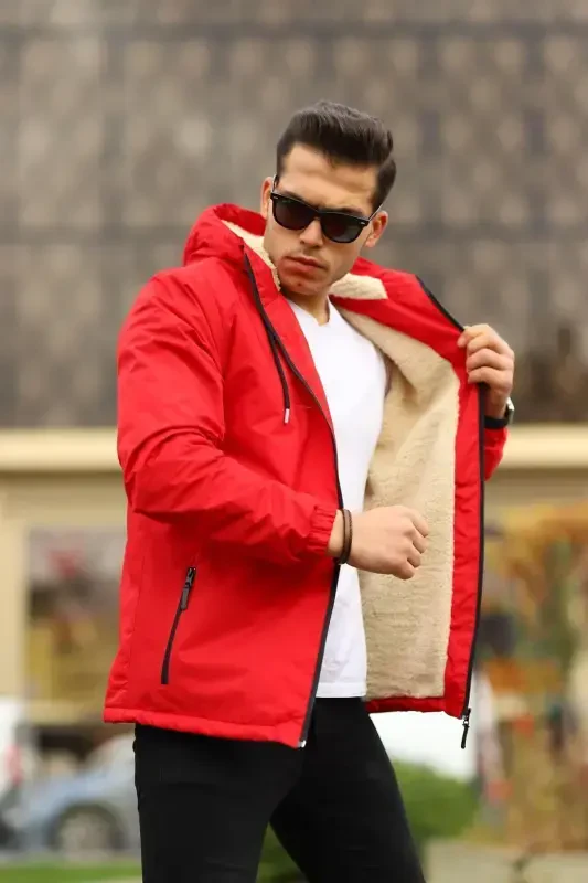 Men's Fleece Lined Water Resistant Hooded Raincoat with Pockets-RED - 1