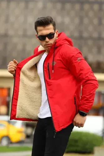 Men's Fleece Lined Water Resistant Hooded Raincoat with Pockets-RED - 3