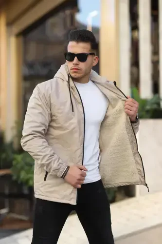 Men's Fleece Lined Water Resistant Hooded Raincoat with Pockets-STONE - 1