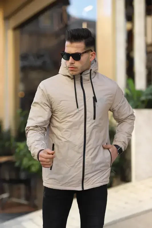 Men's Fleece Lined Water Resistant Hooded Raincoat with Pockets-STONE - 4