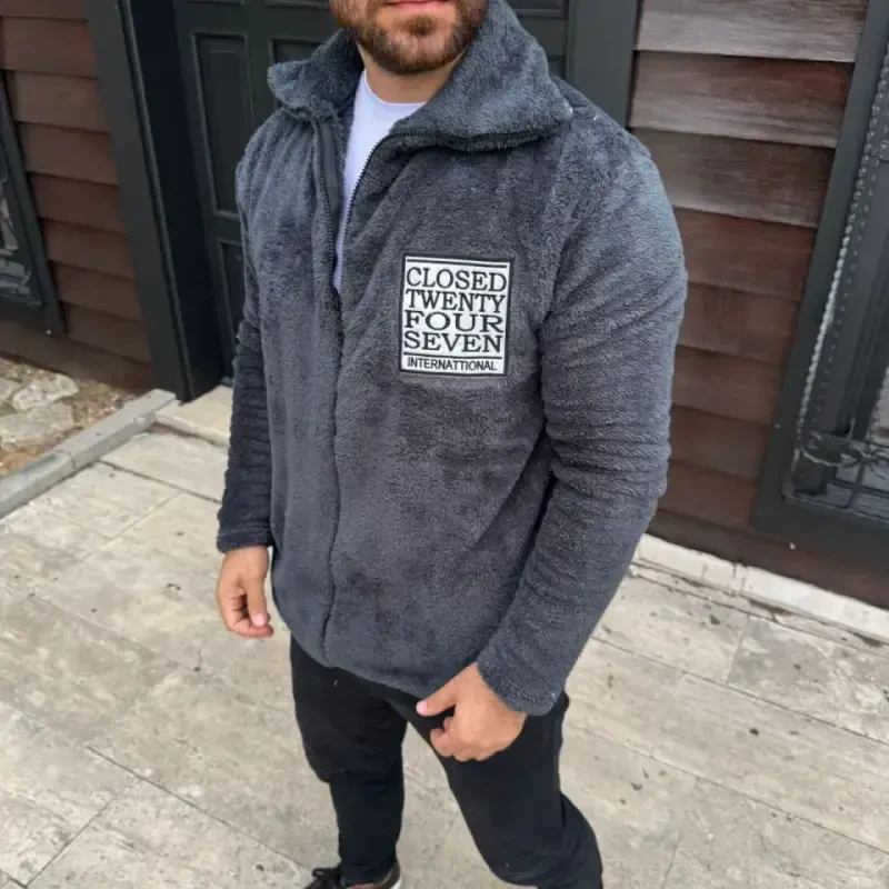 Men's Fleece Zip-Up Sweatshirt - Hoodless, Pocketed, Soft Touch, Oversized Relaxed Fit, Winter Warm Zip-Up Top - Smoke Gray - 4