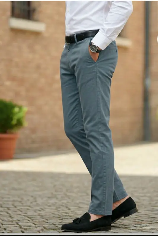 Men's Fog Blue Gabardine Cotton Slim Fit Flexible Office Style Chino Trousers - Blue - 3