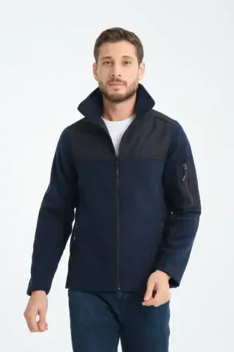 Men's Full Zip Softshell Fleece Lined Sweatshirt 3 Pockets Chest is Water and Windproof-Navy Blue - 1