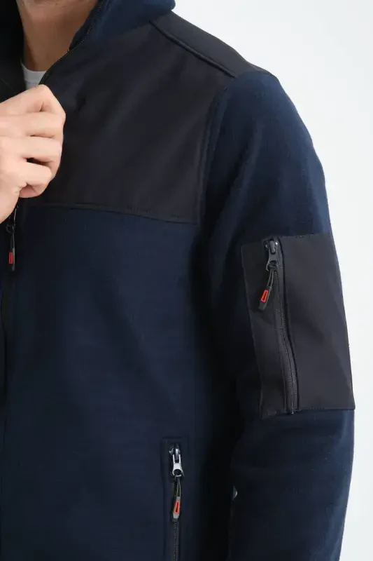 Men's Full Zip Softshell Fleece Lined Sweatshirt 3 Pockets Chest is Water and Windproof-Navy Blue - 2