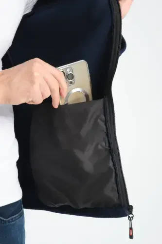 Men's Full Zip Softshell Fleece Lined Sweatshirt 3 Pockets Chest is Water and Windproof-Navy Blue - 3