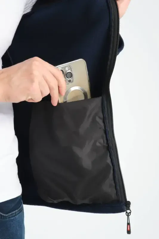 Men's Full Zip Softshell Fleece Lined Sweatshirt 3 Pockets Chest is Water and Windproof-Navy Blue - 3