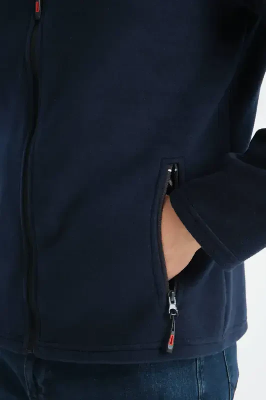 Men's Full Zip Softshell Fleece Lined Sweatshirt 3 Pockets Chest is Water and Windproof-Navy Blue - 4