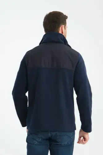 Men's Full Zip Softshell Fleece Lined Sweatshirt 3 Pockets Chest is Water and Windproof-Navy Blue - 5