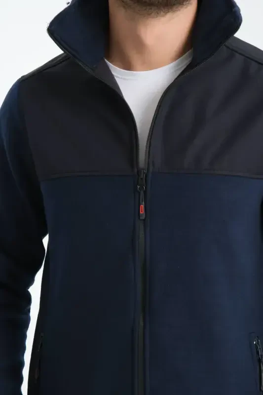 Men's Full Zip Softshell Fleece Lined Sweatshirt 3 Pockets Chest is Water and Windproof-Navy Blue - 6