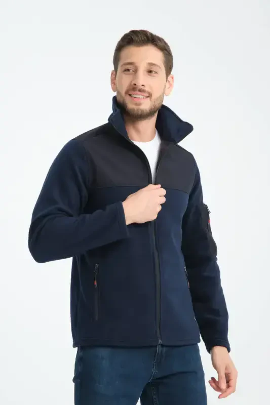 Men's Full Zip Softshell Fleece Lined Sweatshirt 3 Pockets Chest is Water and Windproof-Navy Blue - 8