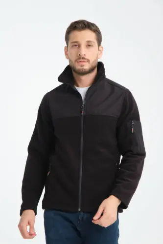 Men's Full Zip Softshell Fleece Lined Sweatshirt 3 Pockets Chest Part Water and Windproof-Black - 1