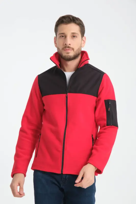 Men's Full Zip Softshell Lined Fleece Sweatshirt 3 Pockets Chest Part Water and Windproof-Red - H&A İSTANBUL