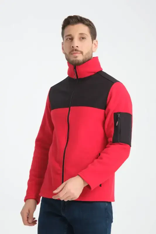 Men's Full Zip Softshell Lined Fleece Sweatshirt 3 Pockets Chest Part Water and Windproof-Red - 8