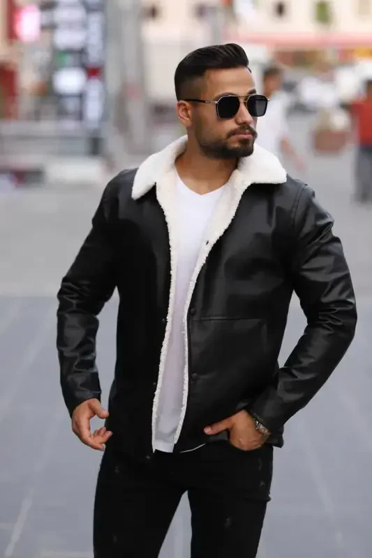 Men's Fur Black Leather Jacket-FUR BLACK - 1