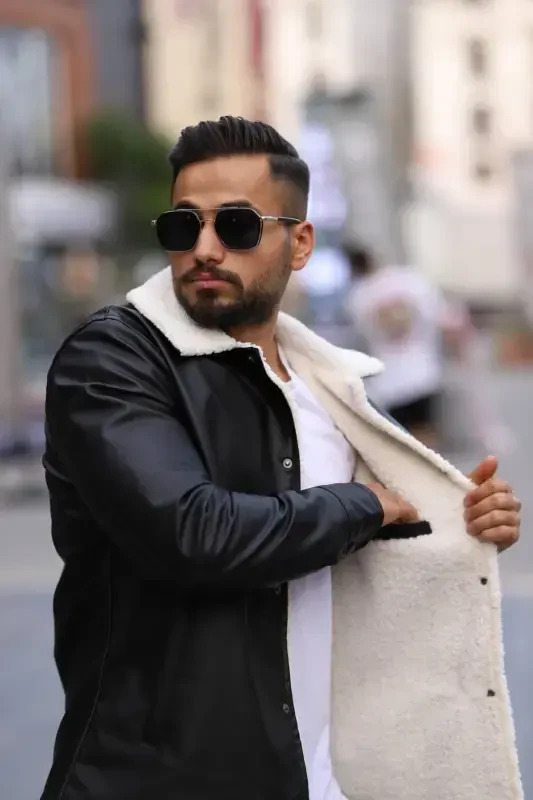 Men's Fur Black Leather Jacket-FUR BLACK - 2