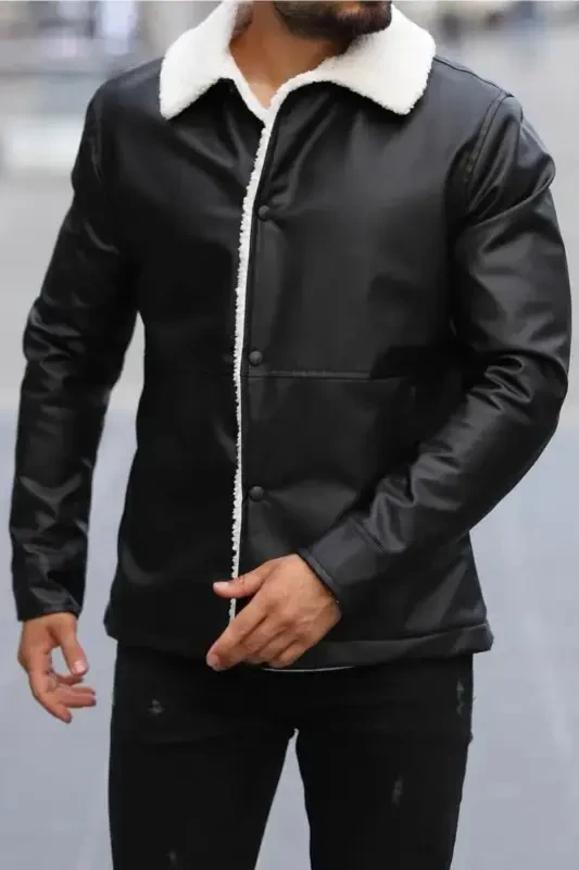 Men's Fur Black Leather Jacket-FUR BLACK - 3