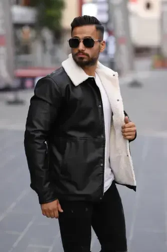 Men's Fur Black Leather Jacket-FUR BLACK - 4