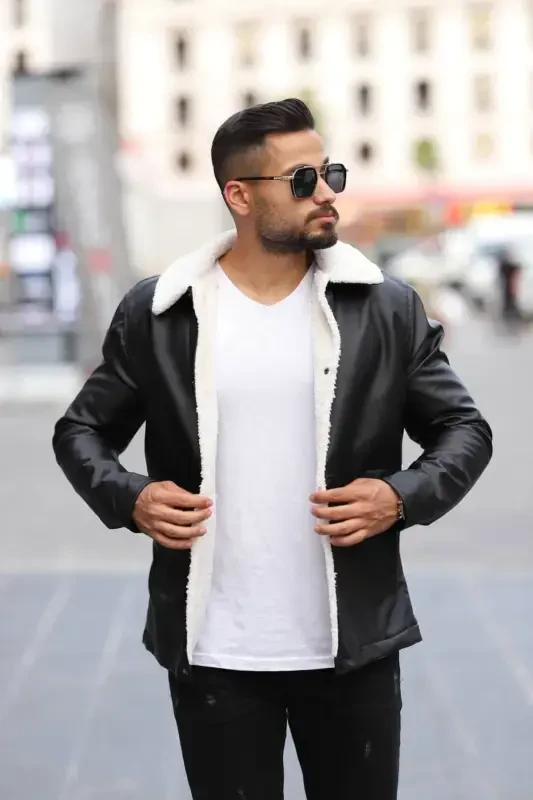Men's Fur Black Leather Jacket-FUR BLACK - 6