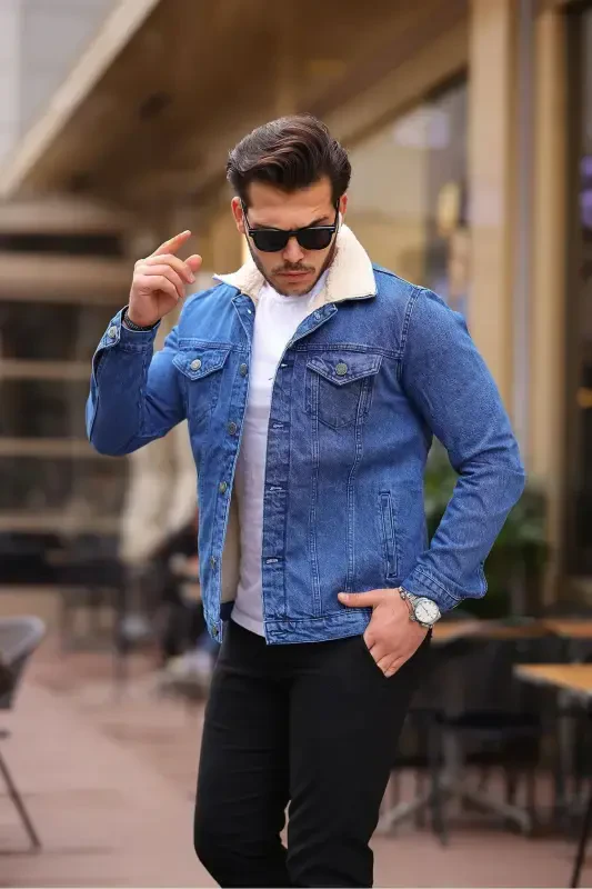 Men's Fur Lined Denim Jacket-AA.BLUE - 1