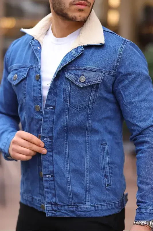 Men's Fur Lined Denim Jacket-AA.BLUE - 2