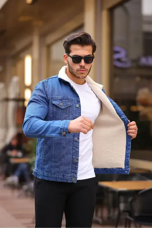 Men's Fur Lined Denim Jacket-AA.BLUE - 3