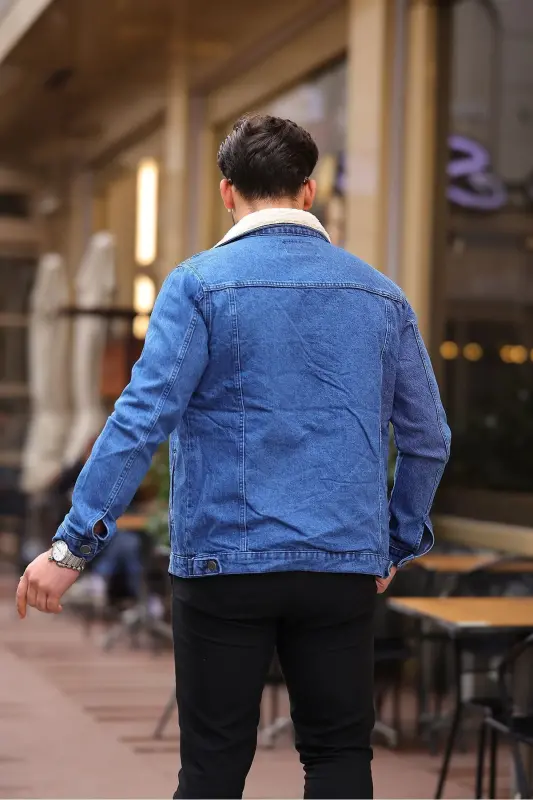 Men's Fur Lined Denim Jacket-AA.BLUE - 4