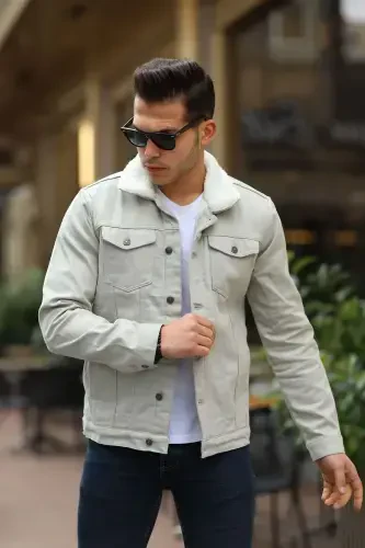 Men's Fur Lined Denim Jacket-A.GRY - 1