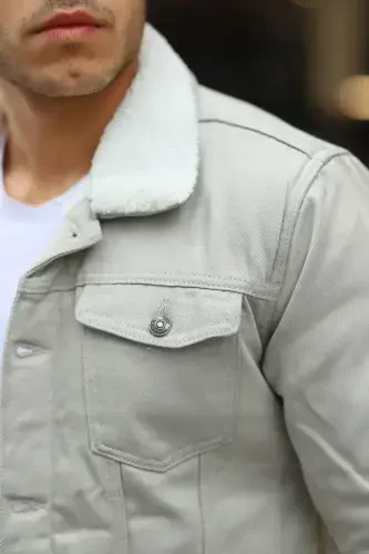 Men's Fur Lined Denim Jacket-A.GRY - 2