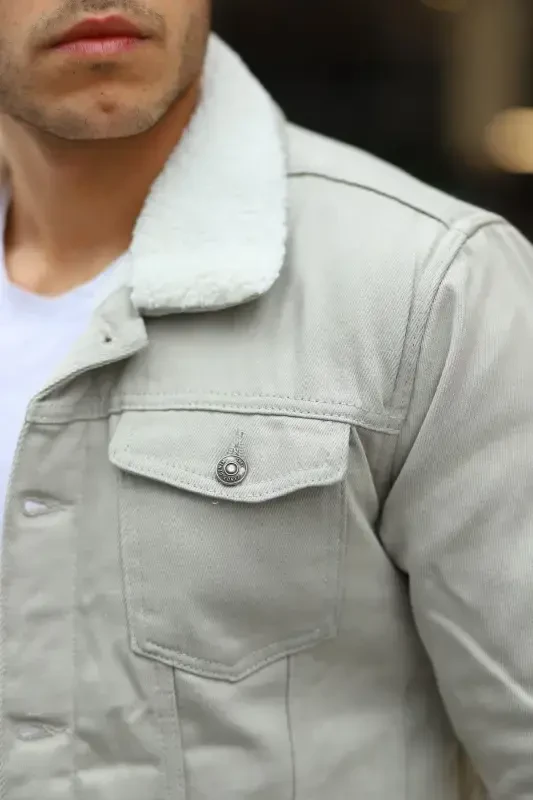 Men's Fur Lined Denim Jacket-A.GRY - 2