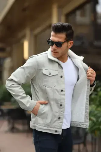 Men's Fur Lined Denim Jacket-A.GRY - 3