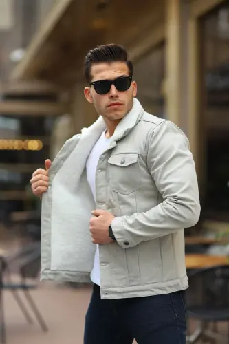 Men's Fur Lined Denim Jacket-A.GRY - 4