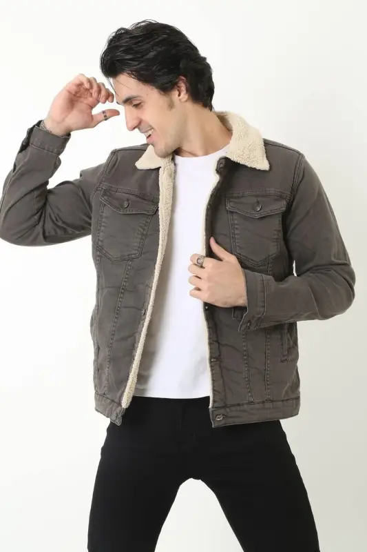 Men's Fur Lined Denim Jacket-ANTHRACITE - 3