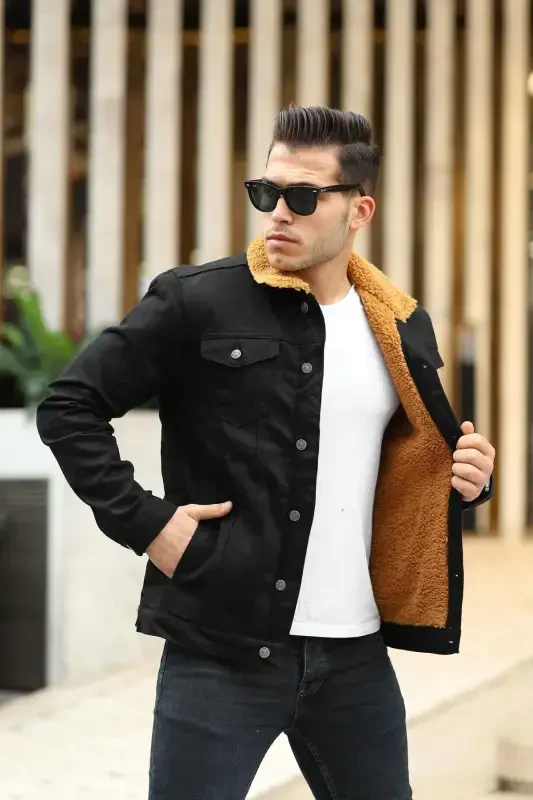 Men's Fur Lined Denim Jacket-BLACK - 1